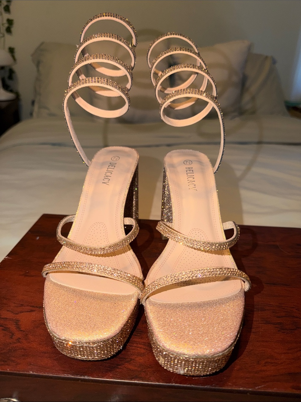 Rose Gold Glitter Spiral-Strap High Heel Sandals